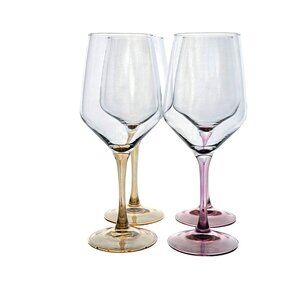4 Handblown Ombre Wine Glasses 9" square bowl angular bowl gold pink tinted stem